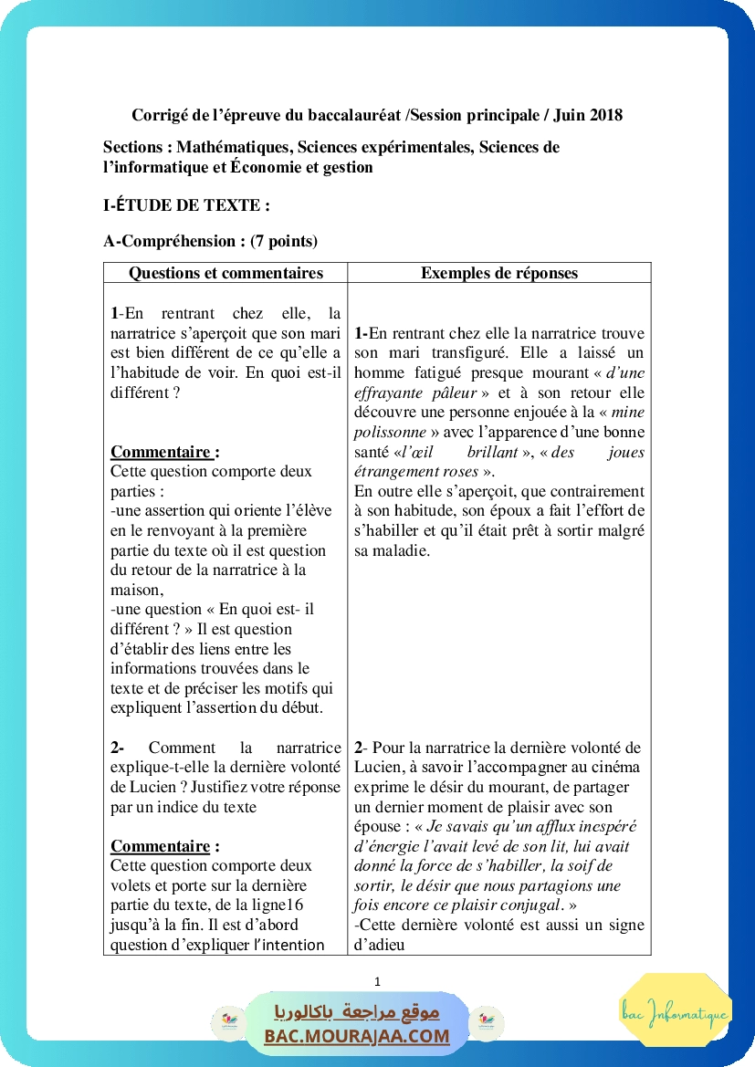 Corrigé principale francais Bac 2018 – Section info